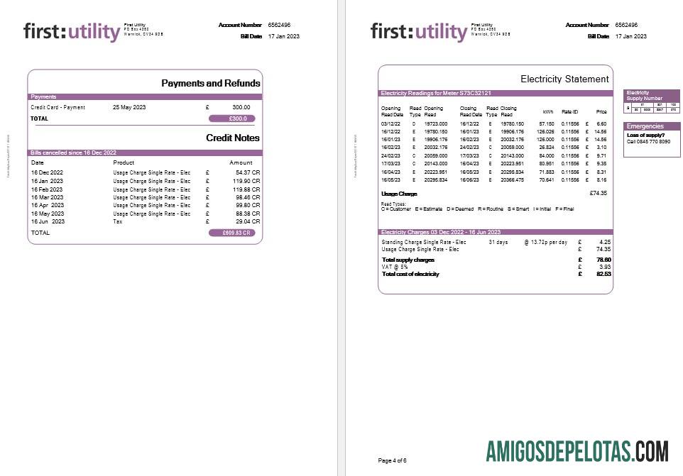 Primeira conta de serviços públicos de gás e eletricidade do Reino Unido em formatos Word e PDF, 6 páginas. exemplo real
